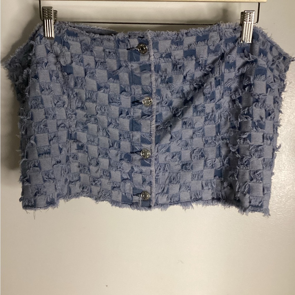 PrettyLittleThing Blue Fray Denim Checkered Bandeau Top 22
